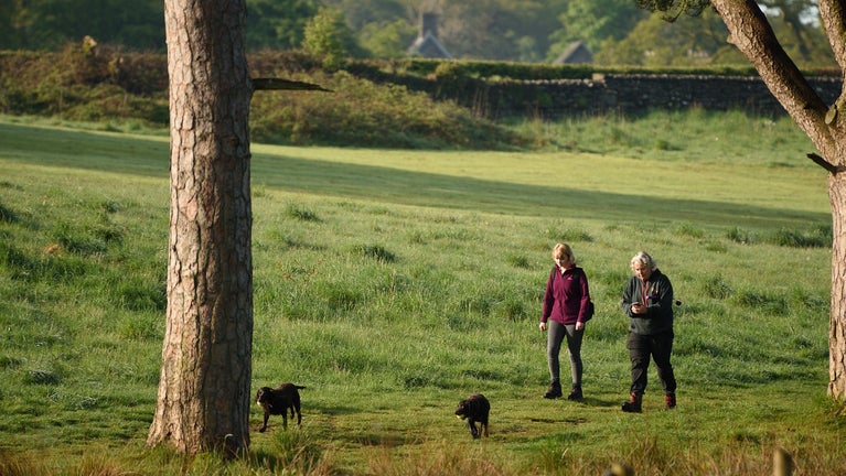 Two women walking across green field with two small black dogs.